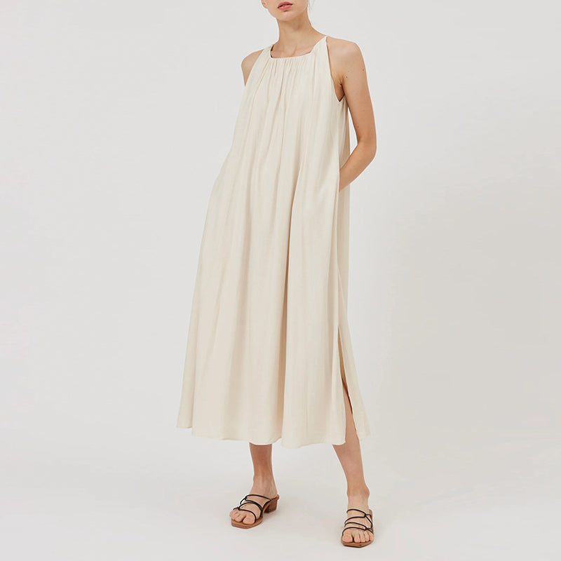 NTG Fad One Size / Beige Linen Elegant Back Bandage Long Maxi Holiday Beach Summer Dress With Pockets