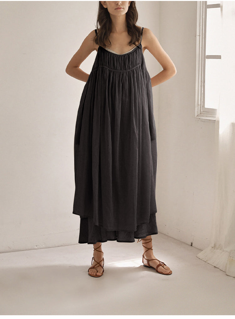 NTG Fad One Size / Black Cotton Fluffy A-Line Smocked Sexy Backless Long Dress