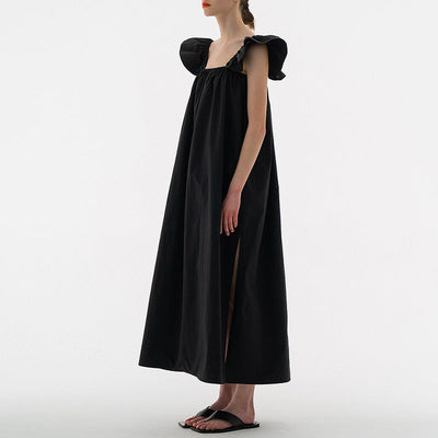NTG Fad One Size / Black Cotton Linen Vintage Square Collar Petal Sleeve Elegant Long Maxi Party Dress