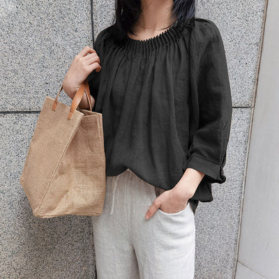 NTG Fad One Size / Black Crinkled Linen T-Shirt Design Cotton Linen Top