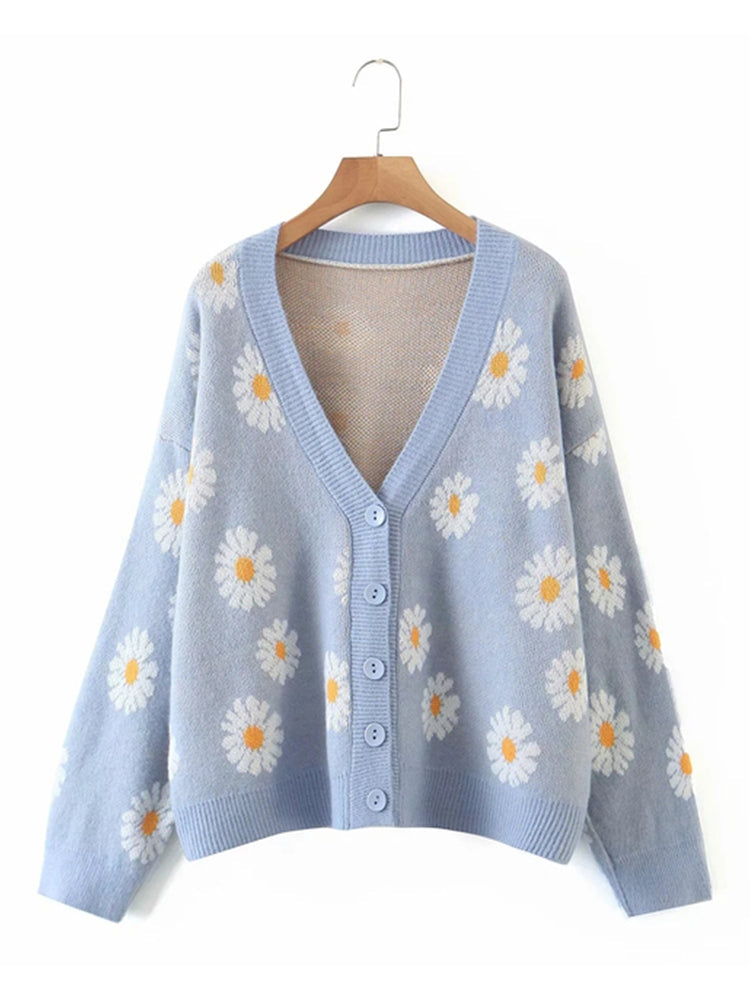 NTG Fad one size / Blue 2 Autumn College Cardigans Sweater Women Loose V Neck Flower Green Sweater Female Short Cute Casual Sweaters