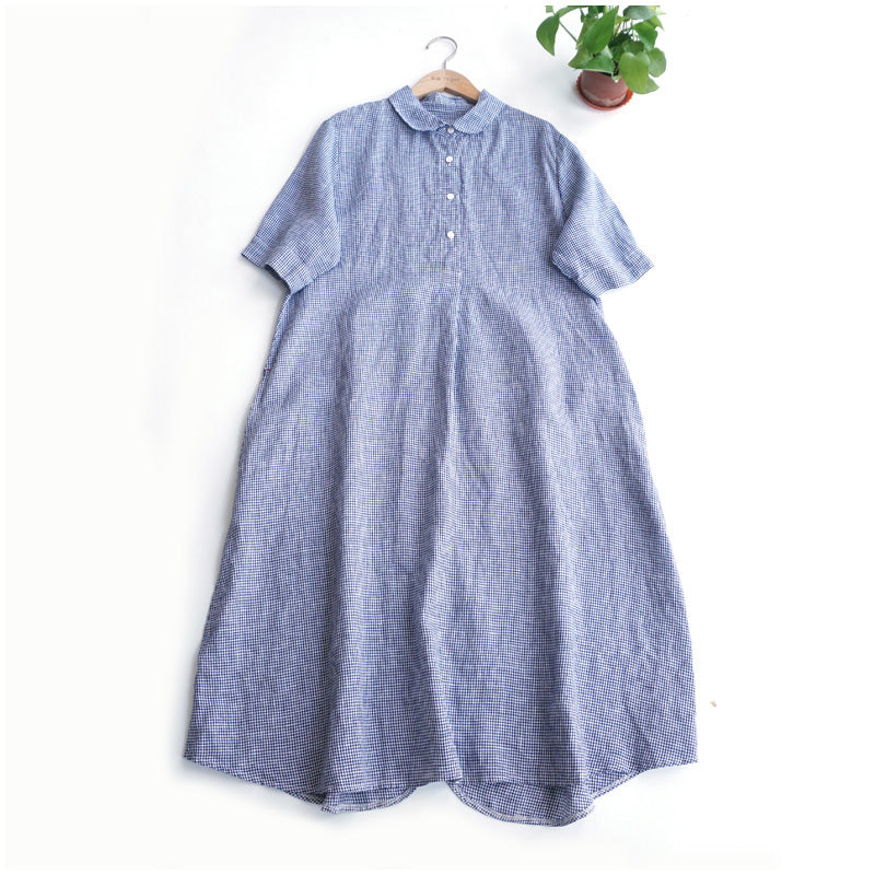 NTG Fad One Size / Blue Linen Plaid Skirt Doll Collar Short Sleeve A-line Skirt