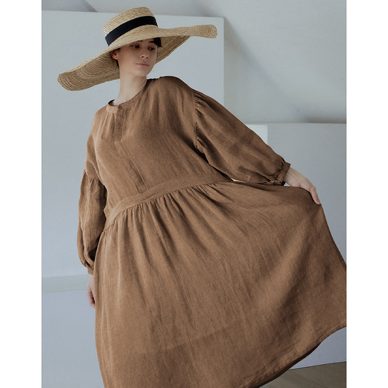 NTG Fad One Size / Brown Linen Loose Plus Size Cotton Linen A-Line Dress