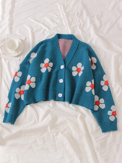 NTG Fad one size / Dark Blue Autumn College Cardigans Sweater Women Loose V Neck Flower Green Sweater Female Short Cute Casual Sweaters
