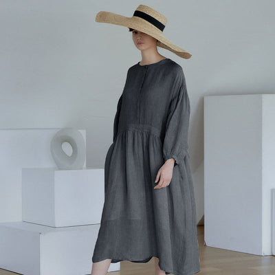 NTG Fad One Size / Gray Blue Linen Loose Plus Size Cotton Linen A-Line Dress