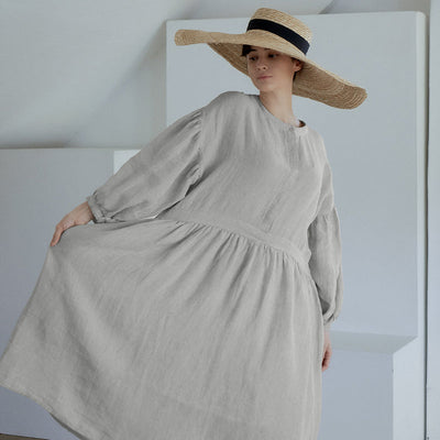 NTG Fad One Size / Gray Linen Loose Plus Size Cotton Linen A-Line Dress