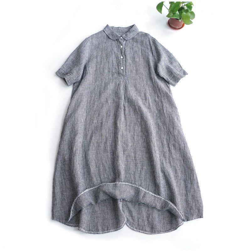 NTG Fad One Size / Grey Linen Plaid Skirt Doll Collar Short Sleeve A-line Skirt