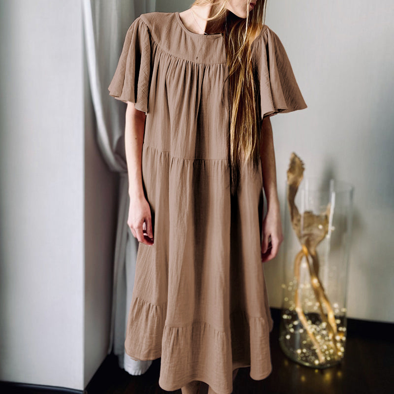 NTG Fad One Size / Khaki 100% Cotton Muslin Women'S Dress Casual Retro Ruffles Sundress Holiday