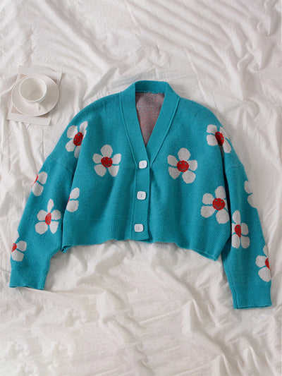 NTG Fad one size / light blue Autumn College Cardigans Sweater Women Loose V Neck Flower Green Sweater Female Short Cute Casual Sweaters