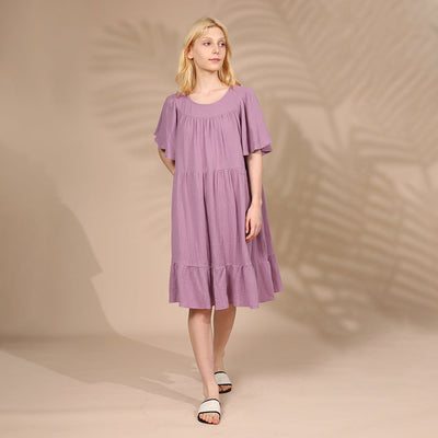 NTG Fad One Size / Light Purple 100% COTTON MUSLIN WOMEN'S DRESS CASUAL RETRO RUFFLES