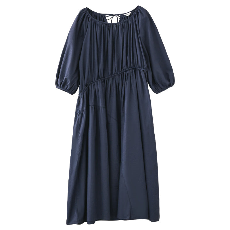 NTG Fad One Size / Navy Blue Sweet Design Sense Niche Puff Sleeve Long Dress