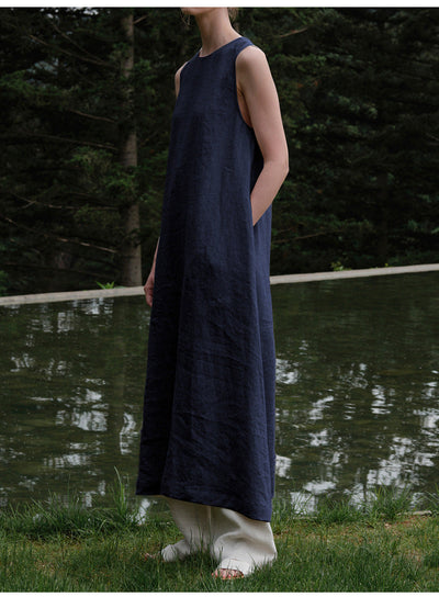 NTG Fad One Size / Navy Cotton Linen Sleeveless Vest Women's Summer Linen Dress