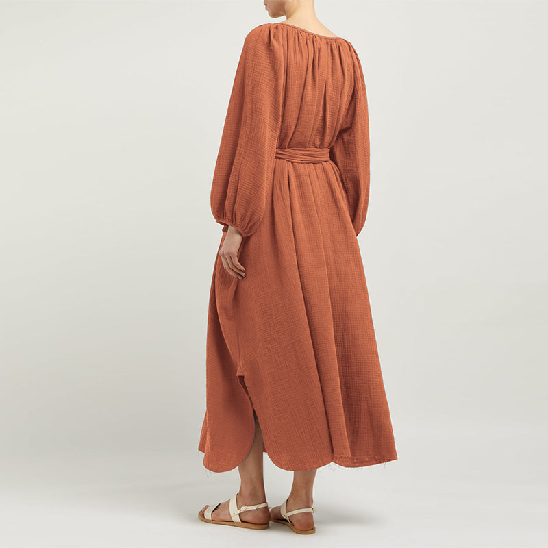 NTG Fad One Size / Orange Red Korean Fashion 100% Cotton Elegant Dresses For Women 2022 Casual Loose Latern Long Sleeve V-Neck Vintage Party Bandage Dress