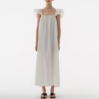 NTG Fad One Size / White Cotton Linen Vintage Square Collar Petal Sleeve Elegant Long Maxi Party Dress