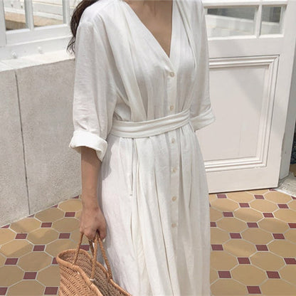 NTG Fad One Size / White Elegant A-Line Fold Pleated Bottoms Lace Up V-Neck Wrist Long Dress