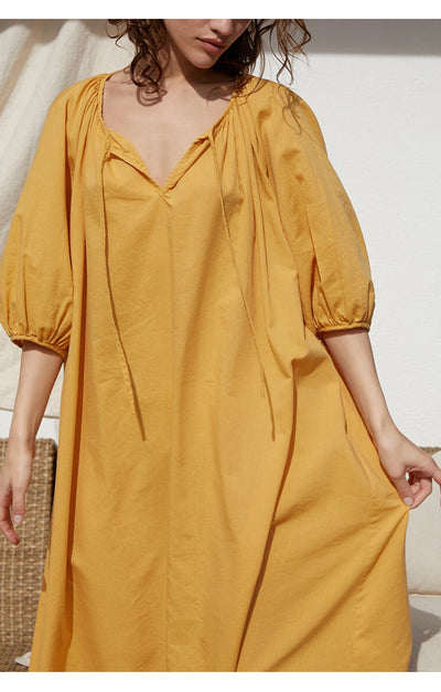 NTG Fad One Size / Yellow Ladies Elegant Cotton V-Neck Loose Oversized Dress