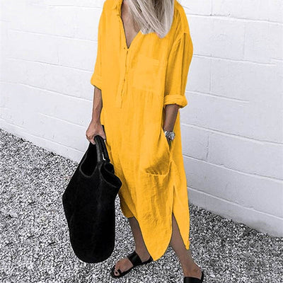 NTG Fad One Size / Yellow WOMEN CASUAL VACATION COTTON LINEN SIDE SPLIT DRESS