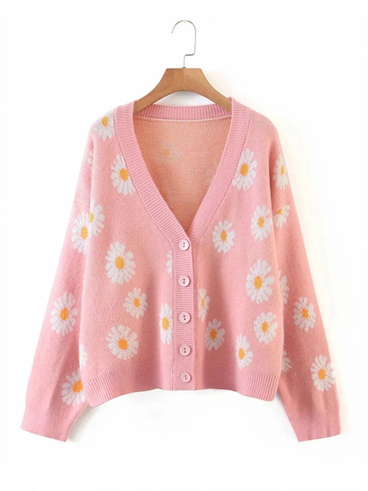 NTG Fad Pink 2 / one size Autumn College Cardigans Sweater Women Loose V Neck Flower Green Sweater Female Short Cute Casual Sweaters