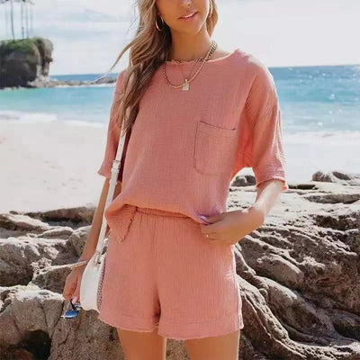 NTG Fad pink / S 100% Cotton Two Piece Sets Summer Tracksuit Pocket Tshirts And Shorts Suit Womens Outifits Ensemble Femme