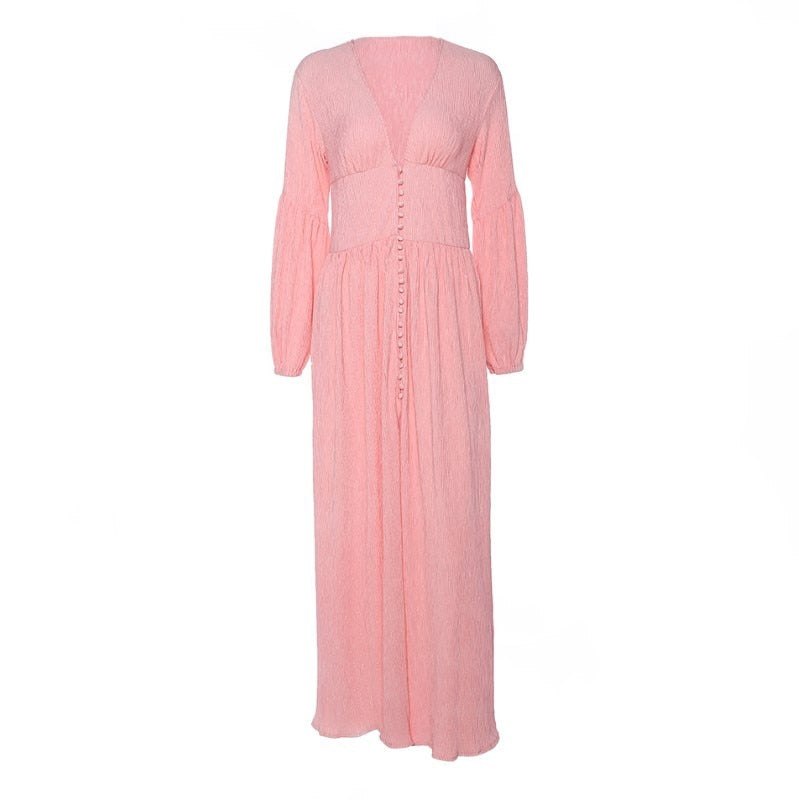 NTG Fad Pink / S 2022 Femme Boho Maxi Dress Lantern Sleeve Vintage Long Split Dresses Button Down Draped Chic Mujer Vestidos Gothic Robes