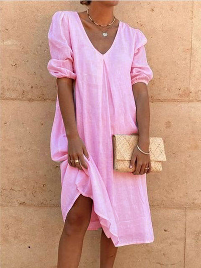 NTG Fad Pink / S Casual Loose Shirt Dress Women Summer Linen White Solid Color Dress