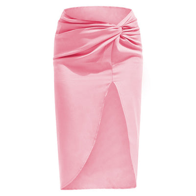 NTG Fad Pink / S Summer Solid Color Satin Split Bodycon Office Lady Club Sexy Midi Skirts