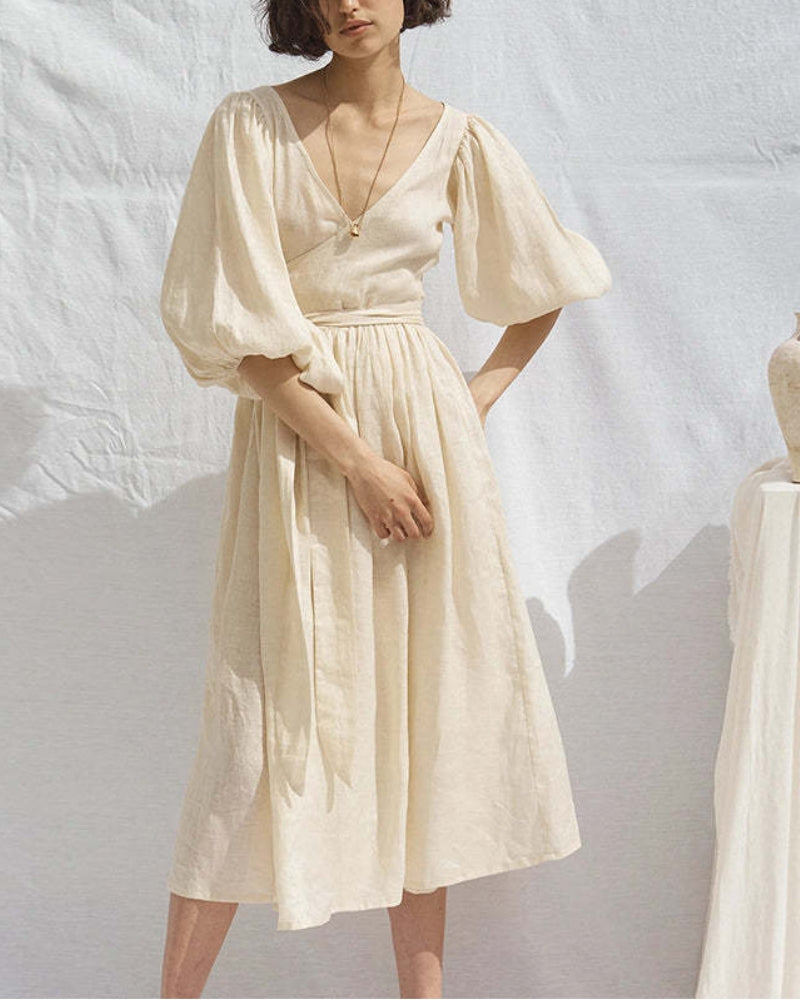NTG Fad Puff Sleeve Women Fashion Cotton Linen Summer Holiday Dress