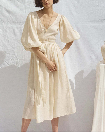 NTG Fad Puff Sleeve Women Fashion Cotton Linen Summer Holiday Dress