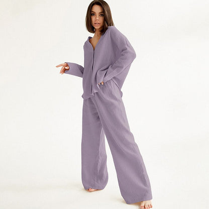 NTG Fad purple / S 100% Cotton Women Pajama Robe Sets Long Sleeve Button Up Shirts+ Wide Leg Pants 2 Pieces Sets Casual Trouser Homewear Suit