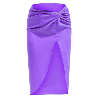 NTG Fad Purple / S Summer Solid Color Satin Split Bodycon Office Lady Club Sexy Midi Skirts