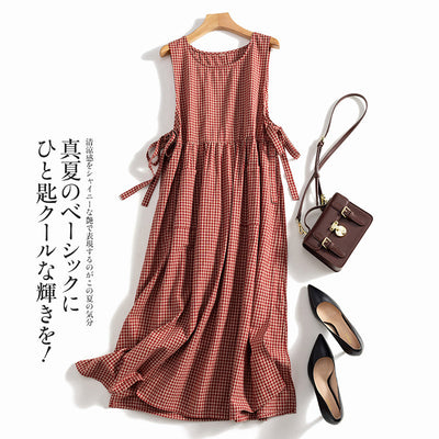 NTG Fad red / M Casual Cotton Linen Vintage Plaid Sleeveless Bandage Chic  Elegant Dress