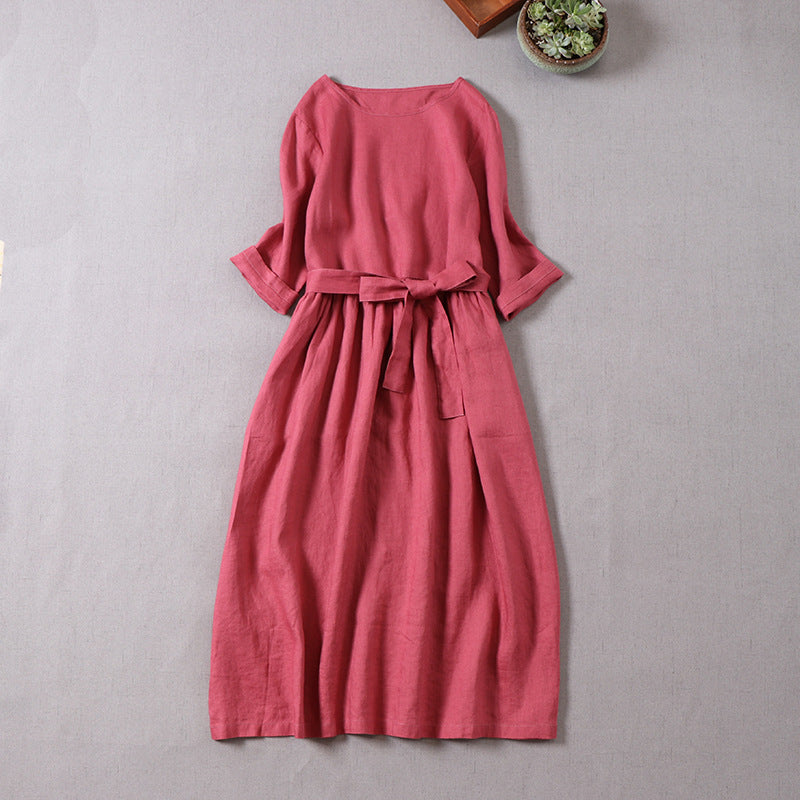 NTG Fad red / M Cotton Linen Summer Women Dress Casual  O-Neck Dress With Belt
