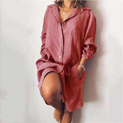NTG Fad Red / S 2022 Autumn Cotton Linen Women's Shirt Dress Long Sleeve Solid White Casual Dresses Female Summer Fashion Loose Ladies Clothes
