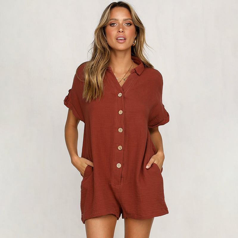 NTG Fad Red / S Fashion Women's Solid Color Lapel Shirt Button Jumpsuit