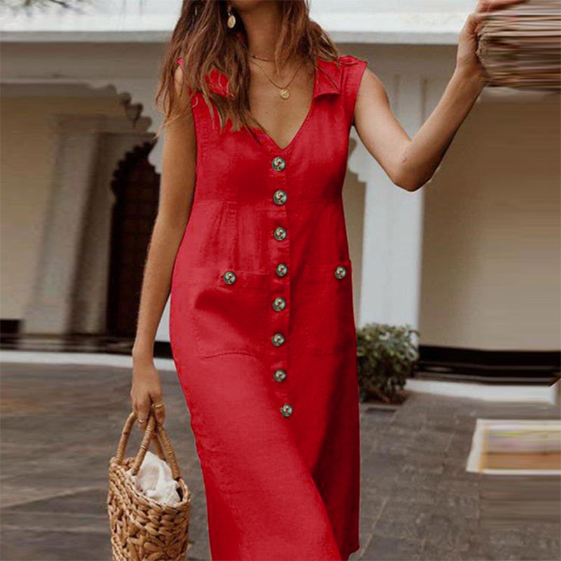 NTG Fad Red / S Summer Sleeveless Cotton Linen Sundress Party Tanks Dress