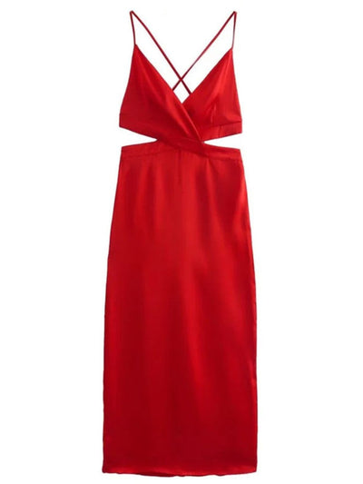 NTG Fad Red / XS Fashion Cutout Design Silk Satin Female Vintage Sleeveless Suspenders Dress