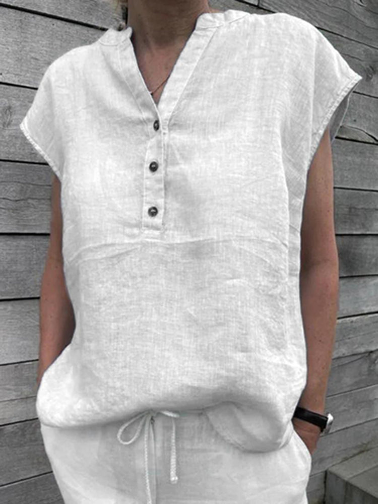 NTG Fad S / 01 White Cotton Linen Elegant V Neck Office Work Shirts Tops Summer Solid Sleeveless Blouses