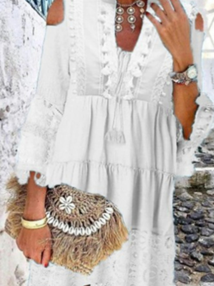 NTG Fad S / 01 White New Spring Embroidery Crochet Lace Boho Dress Women Elegant Off Shoulder Tassel Ruffle Mini Dress Summer V Neck Lady Beach Dress