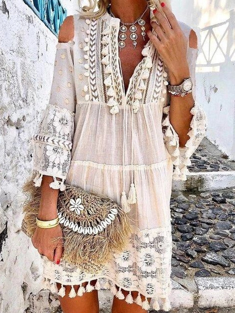 crochet × lace fringe gown