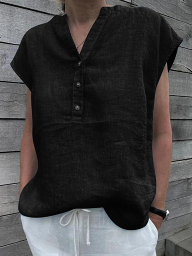 NTG Fad S / 02 Black Cotton Linen Elegant V Neck Office Work Shirts Tops Summer Solid Sleeveless Blouses