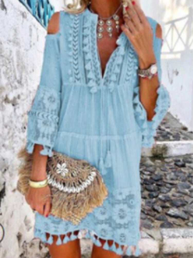 NTG Fad S / 03 Light Blue New Spring Embroidery Crochet Lace Boho Dress Women Elegant Off Shoulder Tassel Ruffle Mini Dress Summer V Neck Lady Beach Dress