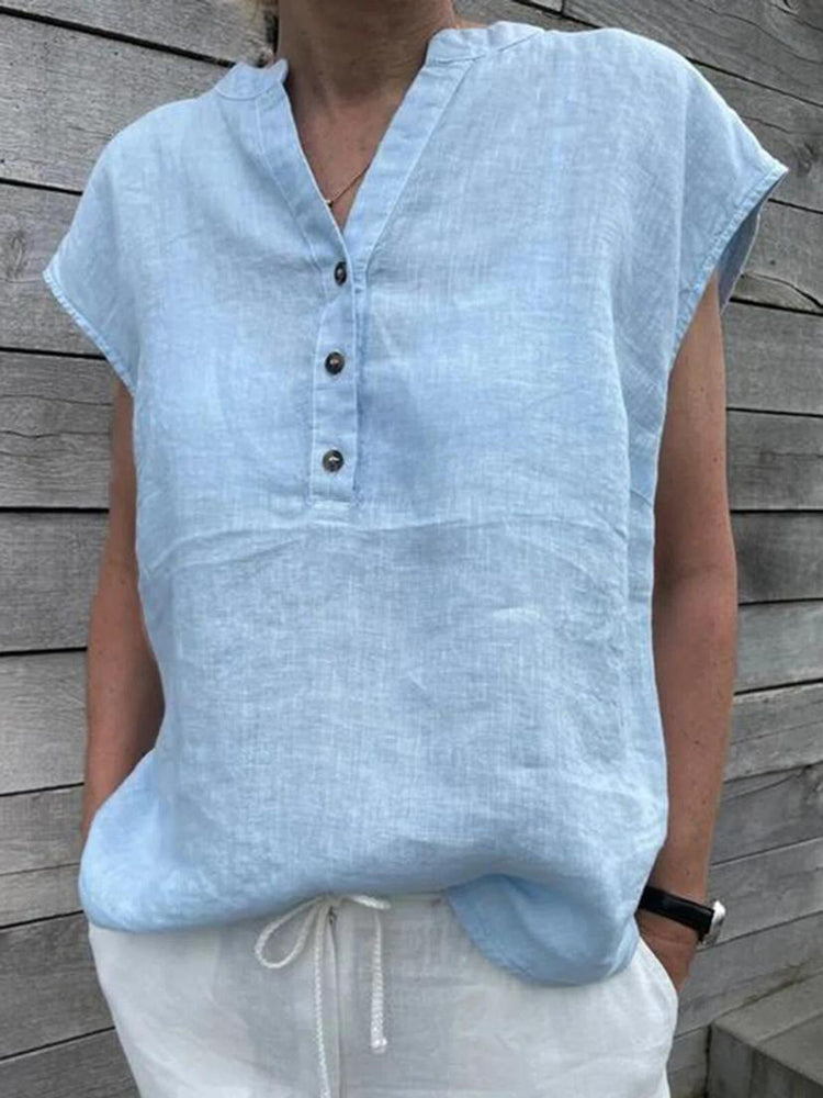 NTG Fad S / 05 Blue Cotton Linen Elegant V Neck Office Work Shirts Tops Summer Solid Sleeveless Blouses