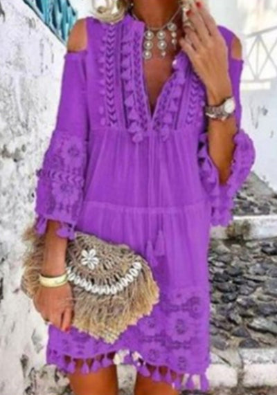 NTG Fad S / 08 Purple New Spring Embroidery Crochet Lace Boho Dress Women Elegant Off Shoulder Tassel Ruffle Mini Dress Summer V Neck Lady Beach Dress