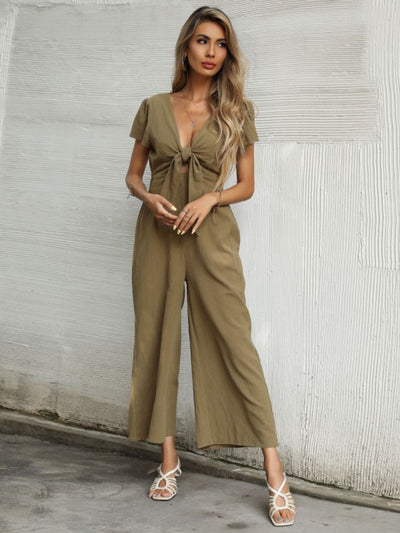 NTG Fad S / Army Green New Casual Cotton and Linen Sexy Hollow V-neck Nine-point Wide-leg Jumpsuit