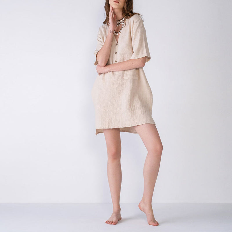 NTG Fad S / Beige 100% Cotton Gauze Sexy V-Neck Button Up Summer Elegant Casual Dress