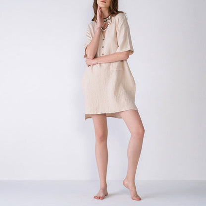 NTG Fad S / Beige 100% Cotton Gauze Sexy V-Neck Button Up Summer Elegant Casual Dress