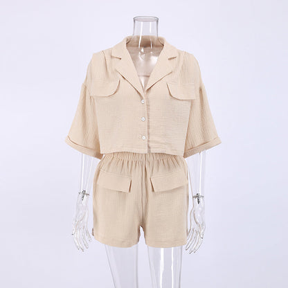 NTG Fad S / Beige 100% Cotton Two Piece Sets Casual Button Up Shirts And Shorts