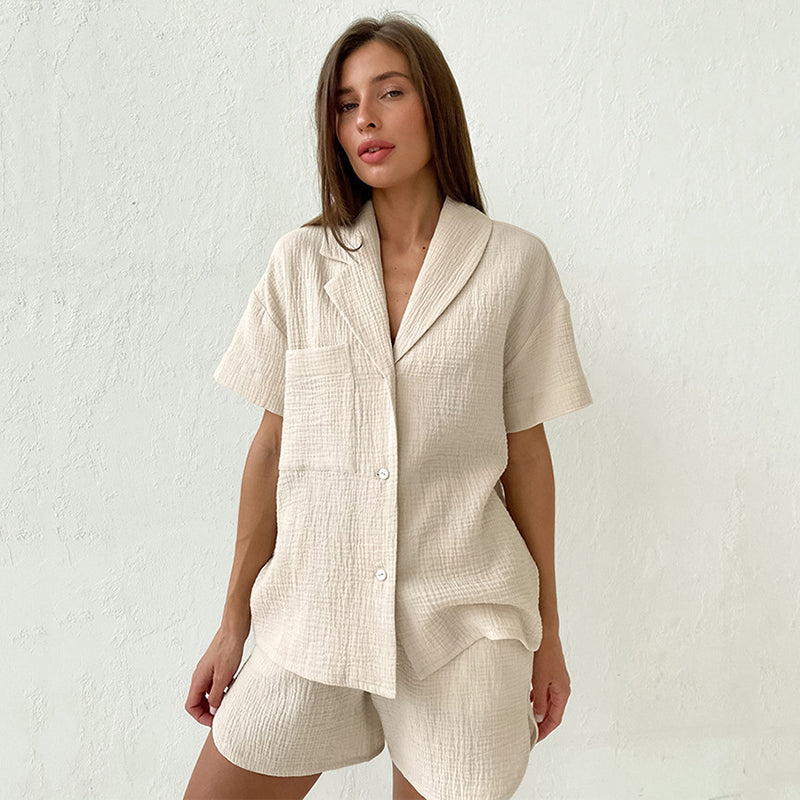 NTG Fad S / Beige 100% Cotton Two Piece Sets Summer Button Up Tops +Shorts Tracksuit Suit