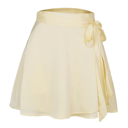 NTG Fad S / Beige High Waist Lace-Up Loose Casual Chiffon Satin Mini Skirt Solid Color Elegant Skirts