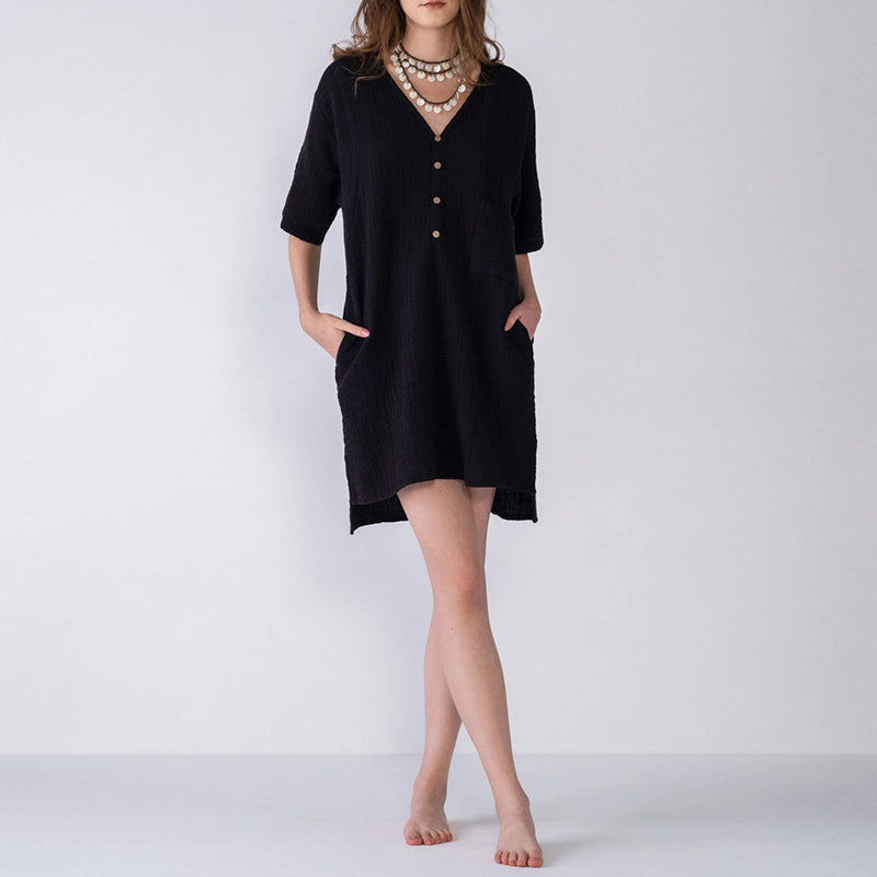 NTG Fad S / Black 100% Cotton Gauze Sexy V-Neck Button Up Summer Elegant Casual Dress